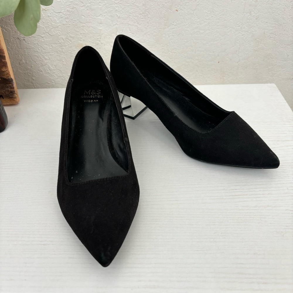 Marks & Spencer Black Suede Heels with Chunky Silver Mirror Heel Sz 5